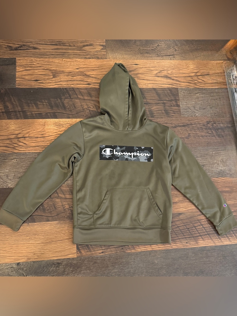 Champion Olive Green Kids Hoodie with Camo Logo